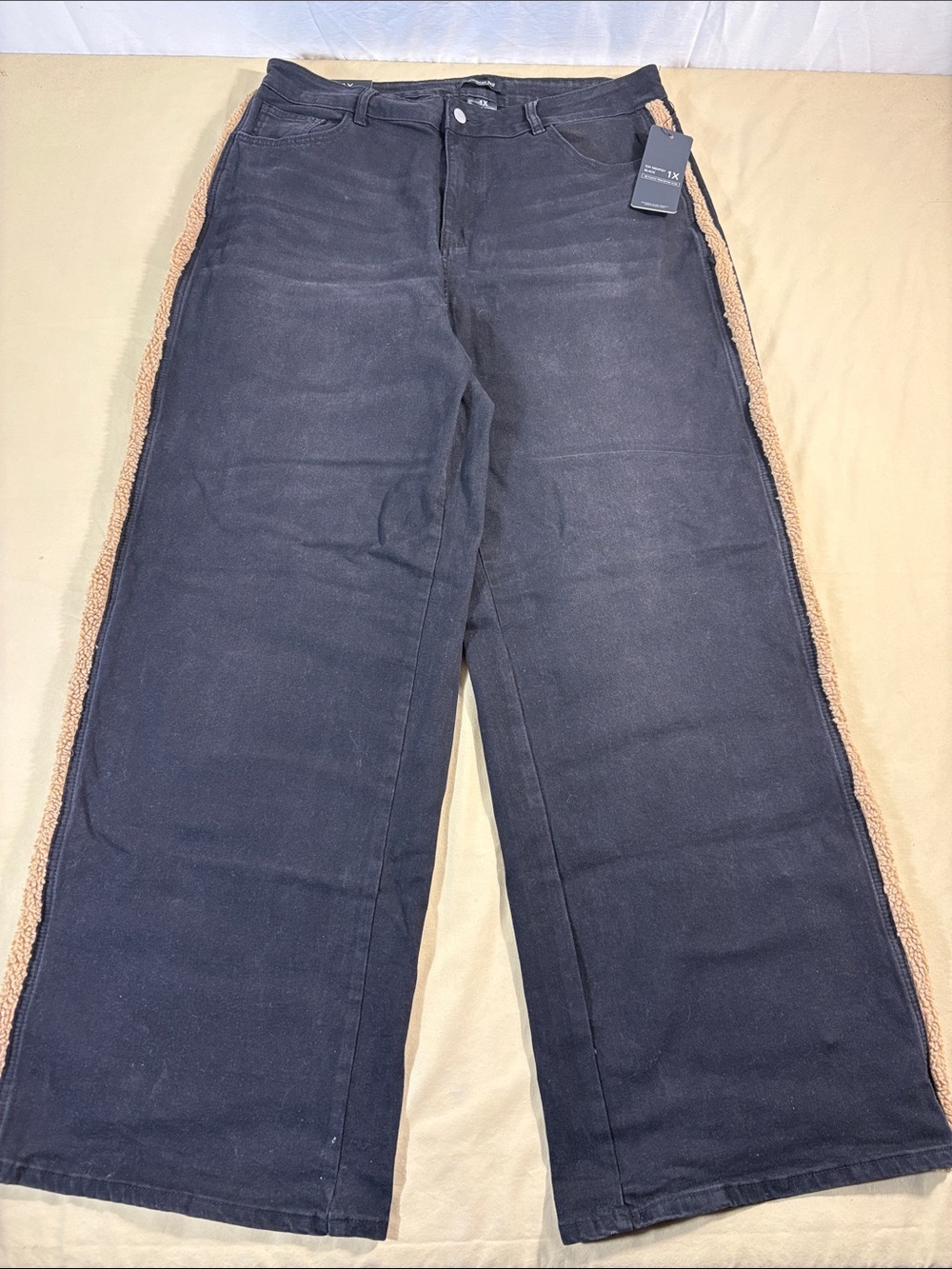 Y2K American Bazi NWT Black Wide Leg Teddy Sherpa Trim Side Stripe Jeans 1X